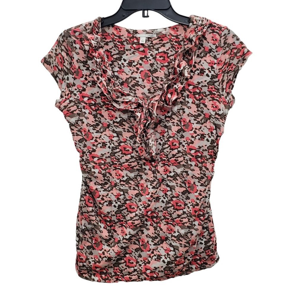 Halogen Women's Nylon Pink Brown‎ Camo Print Bubble Hem Ruffle Neck Top Size L